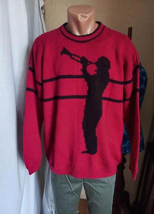 Яскравий в'язаний светр пуловер ручної роботи  "novelty sweaters" (светри з оригінальним або тематичним малюнком) 80-90-х років 44-54 розмір
