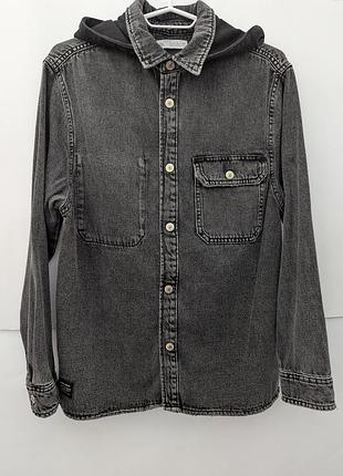 Рубашка джинсовая для мальчика zara, 152,11,12,черная,рубашка,хлопок,джинс,з,длингом,рукавом,широкая,свободная,прямая,капишон,худи, демисезон