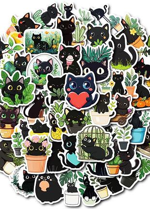 Набор стикеров «черные коты и растения» black cat &amp; plants наклейки с мультяшными котами, милые мультяшные наклейки для ноутбука, наклейки с котами, перс