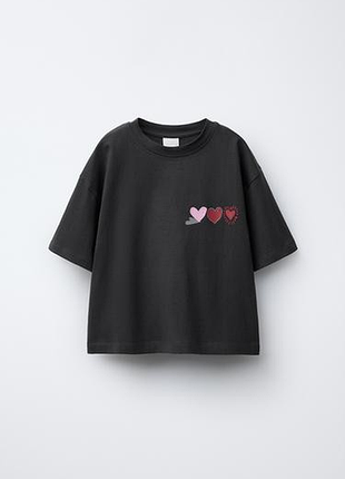 Футболка оверсайз для дівчинки zara, 164,13,14,з малюнком,зара,сіра,бавовна,широка,вільна,коротка,пряма,чорна