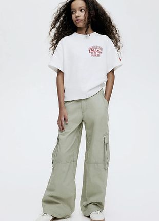 Светло-зеленый хаки свободные широкие штаны брюки-карго из хлопчатобумажной ткани wide h&m 10-11 лет
