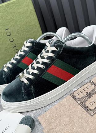 Gucci ace web low top sneakers green velour мужские кроссовки кеды велюр оригинал 41 eur