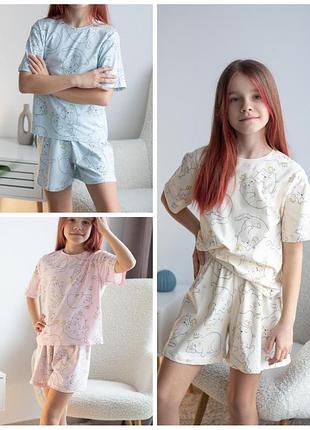 Бавовняна піжама з котиком, гарна піжама літня, піділткова піжама футболка та шорти, хлопковая пижама летняя, піділткова піжама літня