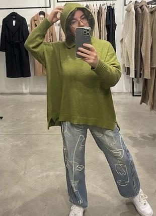 Свитер зеленый с капюшоном , оверсайз , шерсть cashmere(италия)