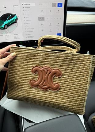Celine medium panier triomphe tote bag in natural woven raffia with tan leather logo and handles 30x21,5x15