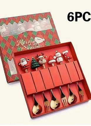 Подарочный новогодний рождественский набор десертных приборов merry christmas 6 штук