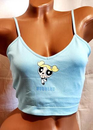 Безшовний блакитний кроп-топ із колаборації primark x the powerpuff girls, блакитний розмір s