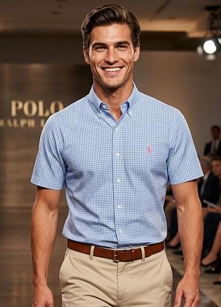 Рубашка мужская polo ralph lauren голубая в клетку, размер m, 100% хлопок