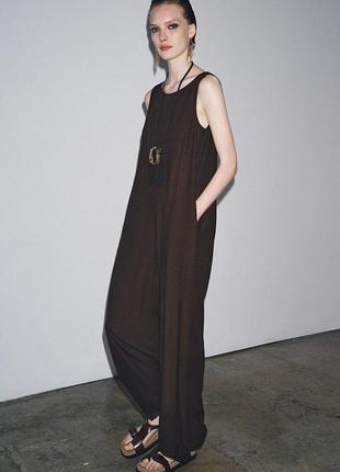 Коричневий лляний комбінезон zara льон