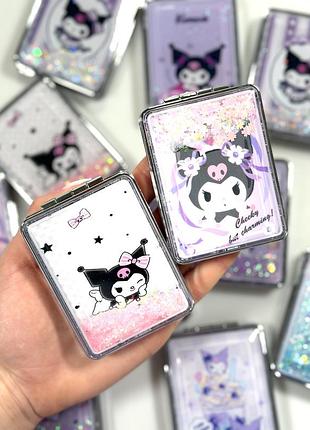 Дзеркало кишенькове косметичне kuromi з блискітками прямокутне 8×6 см компактне