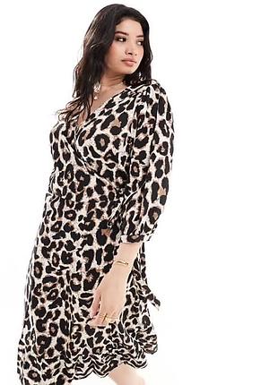 Платье с животным принтом натуральное платье с объемными рукавами леопардовое платье на запах батал