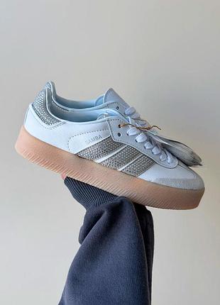 Розкішні жіночі кросівки adidas sambae crystal white silver metallic gum білі зі стразами