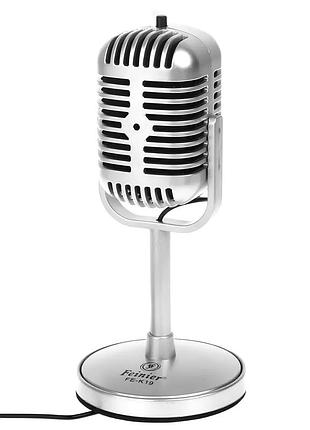 Ретро-микрофон для стримов и подкастов resteq — всенаправленный микрофон с выключателем, стильный серебристый дизайн