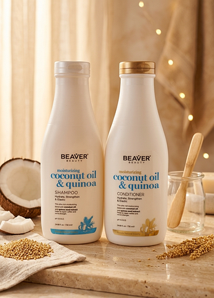 Разглаживающий набор для волос beaver coconut oil & quinoa: шампунь 730 мл, бальзам 730 мл