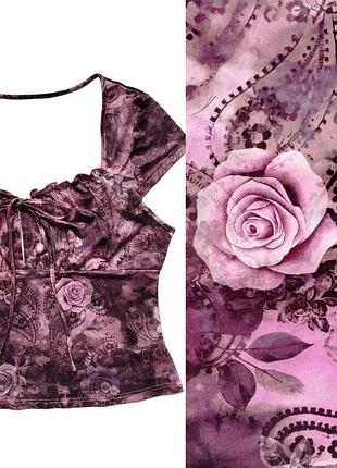 Топ жіночий shein 2xl блузка футболка літня з рюшами на зав'язці еластична рожевий коричневий принт троянди