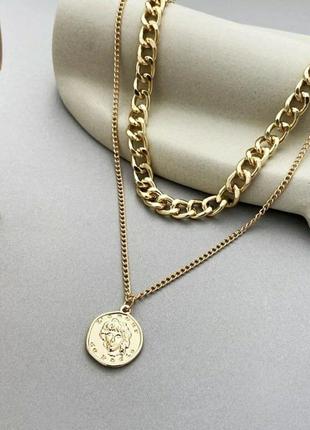 Велика подвійна ланцюг з підвіскою медальйон у золоті, ланцюг чокер подвійна жіноча4 фото