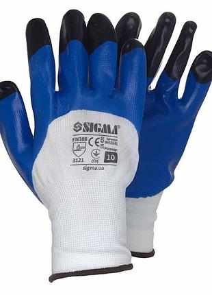 Рукавички трикотажні з частковим нітриловим покриттям посилені пальці р10 (синьо-чорні, манжет) sigma (9443641)
