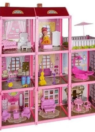 Кукольный дом для девочки розовый сборный с детской мебелью
