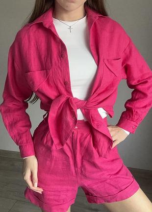 Лляний рожевий костюм з шортами хс/с
