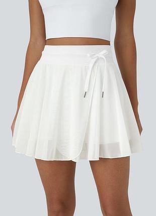 🔥 юбка 2-в-1 с шортами | высокая посадка | спортивный шик 🔥  💎 high waisted drawstring contrast mesh 2-in-1 mini flare skirt