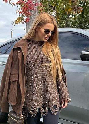 Трендовий светр zara з паєтками та ефектом рвані 🤎