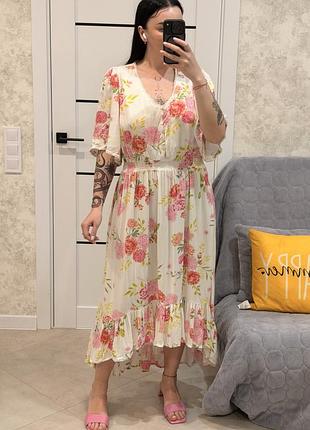 Сукня міді у квіти батал + size натуральна віскоза