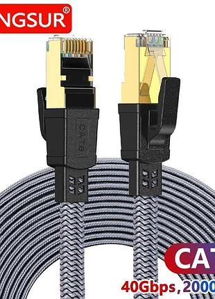 Ethernet-кабель cat 8 (0,5 м) – 40 гбит/с, 2000 мгц, плоский, нейлоновая оплётка, серый