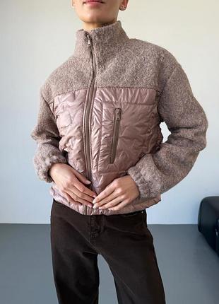 Стильний комбінованний бомбер куртка коротка жіноча  мокко s, м, l, xl