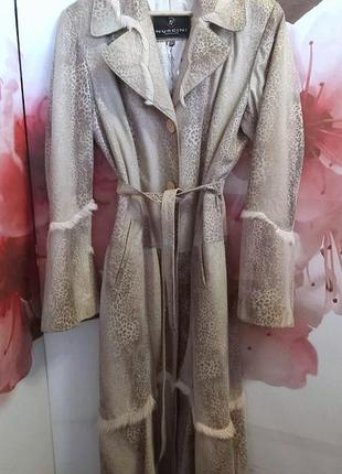 Плащ дымчатый с мехом пони италия элитный натуральная кожа (замш) леопардовый принт на заше