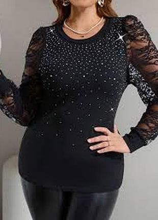 💖💖💖красива жіноча кофта, блузка в стразах, з мереживними рукавами shein💖💖💖