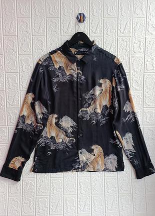 Мужская рубашка с тигровым принтом the kooples x diesel tiger print shirt/гавайка/в тигры/легкая/брендовая/из вискозы/полусоденная/черная/стильная/