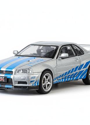 Коллекционная модель машинки nissan skyline BSD-r r34 1:32 металлическая со световыми и звуковыми эффектами серебристая