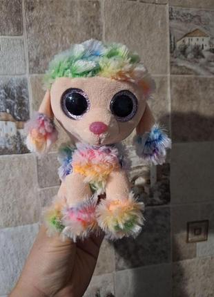 Плюшевая игрушка-мешок с фасолью ty beanie boos "радужный пудель" с большими глазами, разноцветная, 15 см