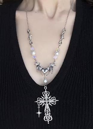 Кольє gothic pearl rosary з хрестом крилами кажана готика, емо, y2k, альтернатива, гранж.