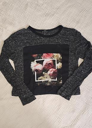 Стильная меланжевая кофта zara с цветочным принтом и надписью