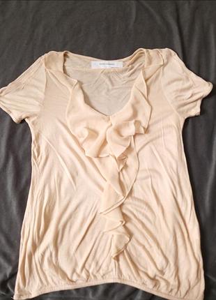 Нежная бежевая блуза zara collection с жабо и коротким рукавом, размер m