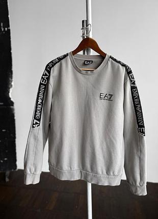 Emporio armani ea7 mens gray sweatshirt reflective logo sleeve tape crew neck pullover оригінальний, чоловічий світшот, кофта