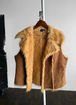 Carpi womens vintage faux fur vest brown sleeveless shearling style boho retro стильний, вінтажний, хутряний жилет
