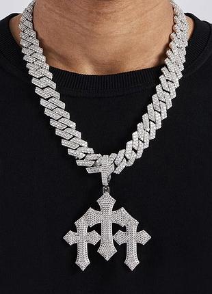 Розкішний ланцюжок кулон підвіска chrome hearts triple cross iced out necklace