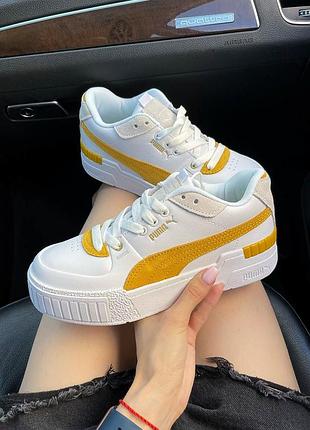 Шикарнезні жіночі кросівки puma cali sport mix white yellow білі з темно-жовтим