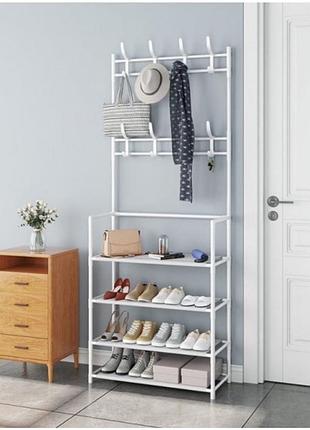 Вешалка напольная стойка для одежды с подставкой для обуви new multi functional shoe and hat rack белая