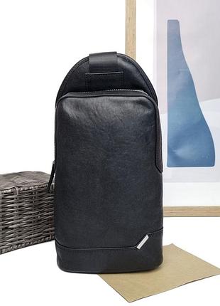 Нагрудная слинг сумка натуральная кожа черный арт.8866-1a black (китай)