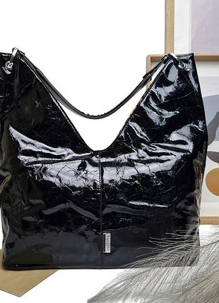 Сумка-мішок натуральна лакована шкіра чорний арт.s98380 black safenta (китай)