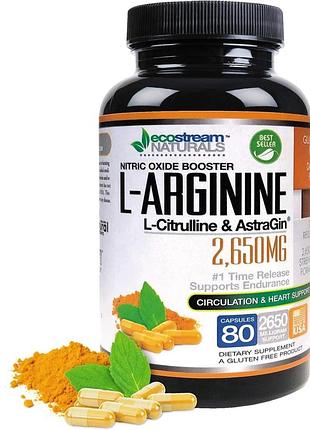 Домішка преміумкласу для підтримки фізичної витривалості ecostream naturals l-arginine l-citruline and astragin 80 капсул