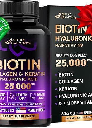Комплекс для волосся, шкіри та нігтів nutra harmony biotin collagen keratin hyaluronic acid 60 капсул