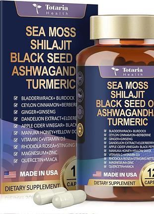 Добавка премиум-класса для иммунитета, кишечника и энергии totaria sea moss black seed oil ashwagandha ginger shilajit 120 капсул