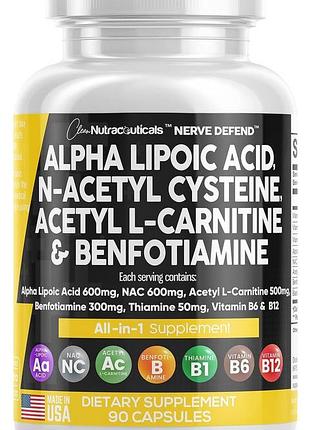 Домішка для підтримки нервів преміумкласу clean nutraceuticals alpha lipoic acid n-acetyl cysteine acetyl l-carnitine