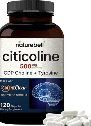 Домішка преміумкласу для мозку подвійної дії naturebell citicoline cdp choline plus tyrosine 120 капсул