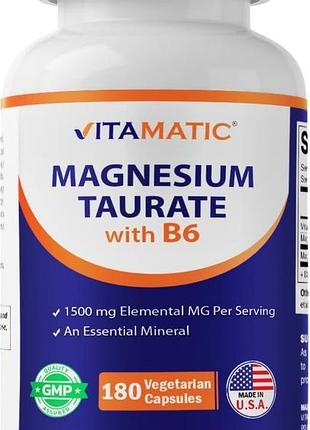 Домішка преміумкласу таурат магнію з максимальним засвоєнням vitamatic magnesium taurate 1500mg with vitamin b6 180 капсул