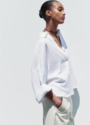 Біла сорочка zara з льону та віскози блуза з об'ємними рукавами s, м